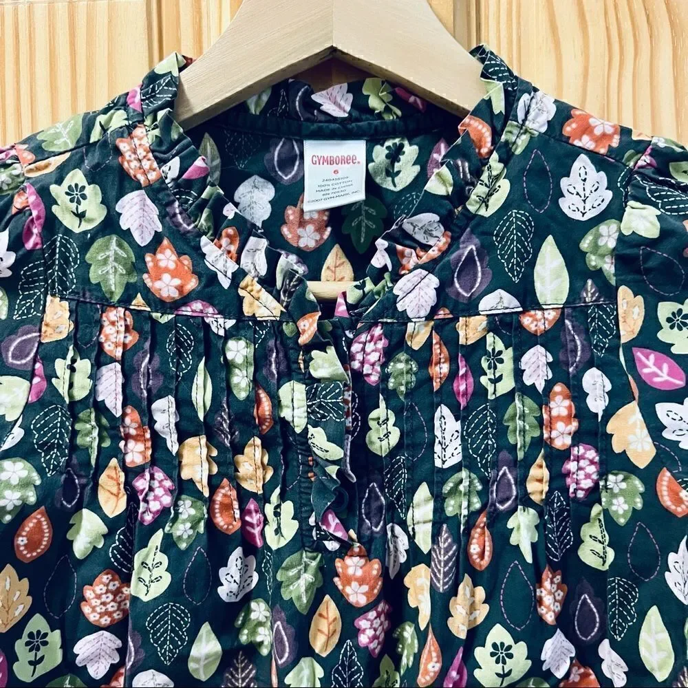 Gymboree dark grey multi colored fall leaf print ruffle front long sleeve top 6